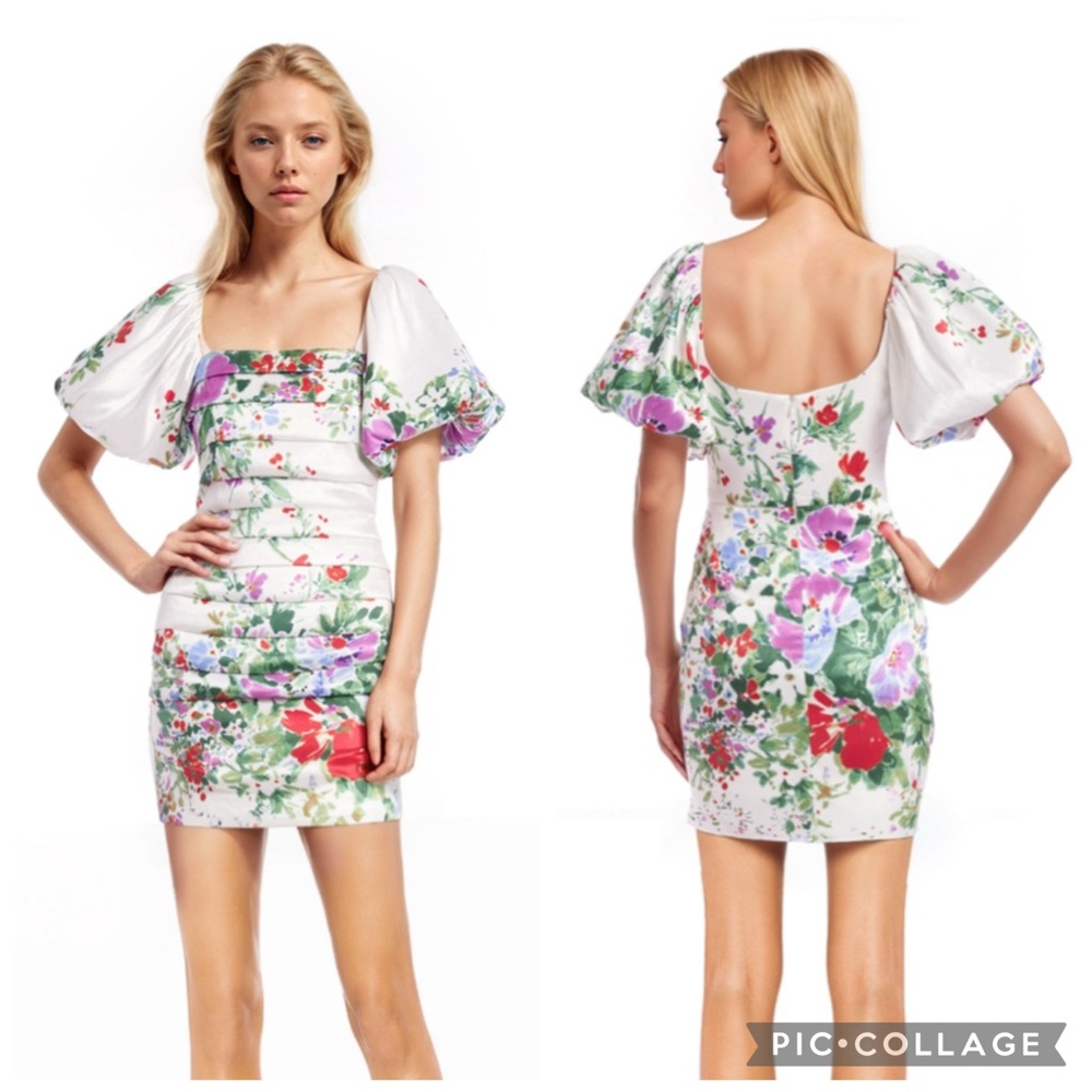 Badgley Mischka Pleated Bodice Puff Sleeve Mini‎ Dress Floral 2